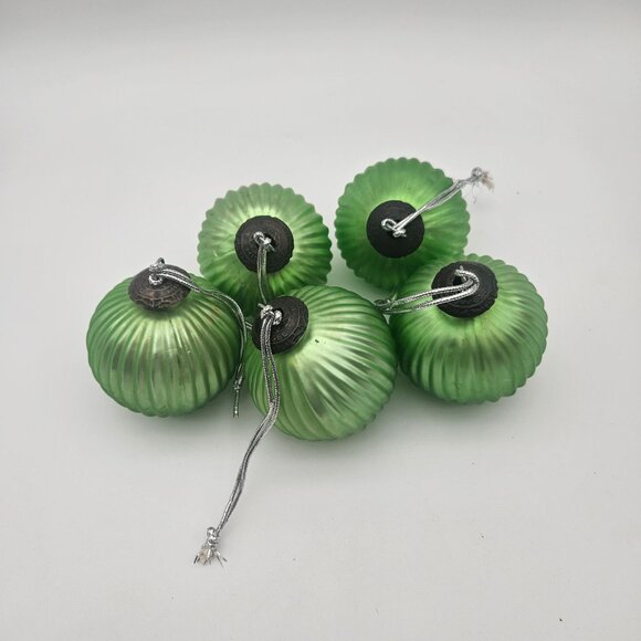 Midwest Kugel Iridescent Lime Green Ribbed Glass 3" Ornaments Lot of 5 - Picture 1 of 6